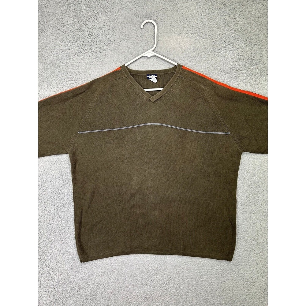 BKE Sweater Mens Large Olive Green Orange V-Neck Sweatshirt Pullover Long Sleeve
